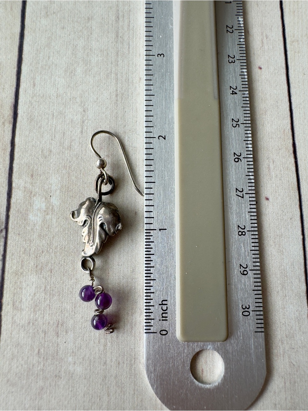 Grape Leaf Motif Drop Earrings with Amethyst Beads - Purple - Picture 3 of 4